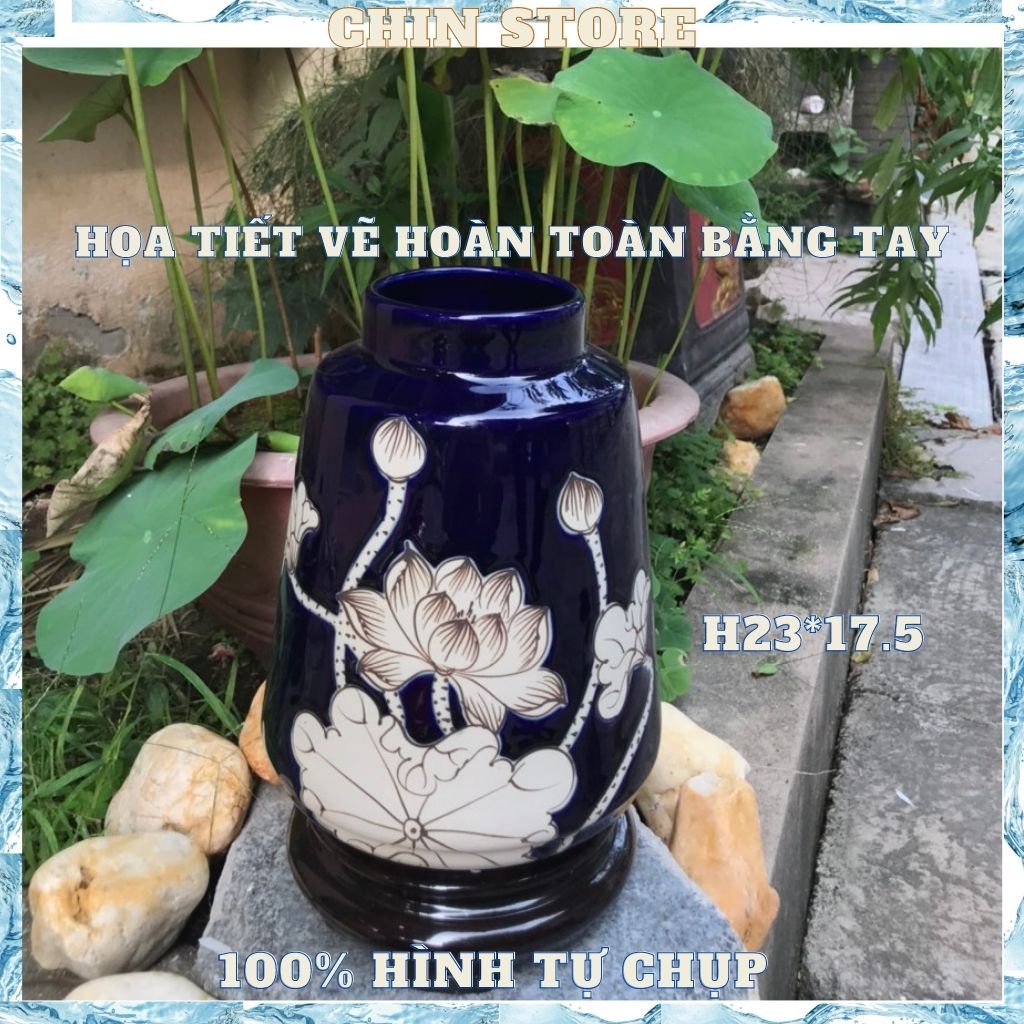 Bình hoa decor, lọ hoa decor gốm sứ BÁT TRÀNG họa tiết hoa vẽ bằng tay cổ ngắn nhiều mẫu 23*17 cm