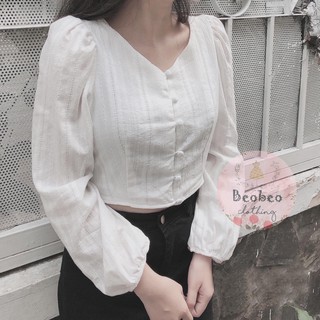 [Ảnh thật] Áo croptop trắng tay bo phồng nút bọc ulzzang