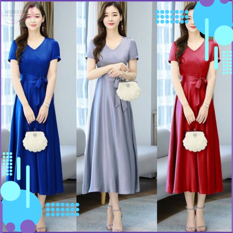 Đầm Phi Xòe Cổ V Thắt Eo Sang Trọng, Trẻ Trung, Nổi Bật, Chất Phi Thun Cao Cấp Dày Mềm Mịn, Mát, Bền Đẹp