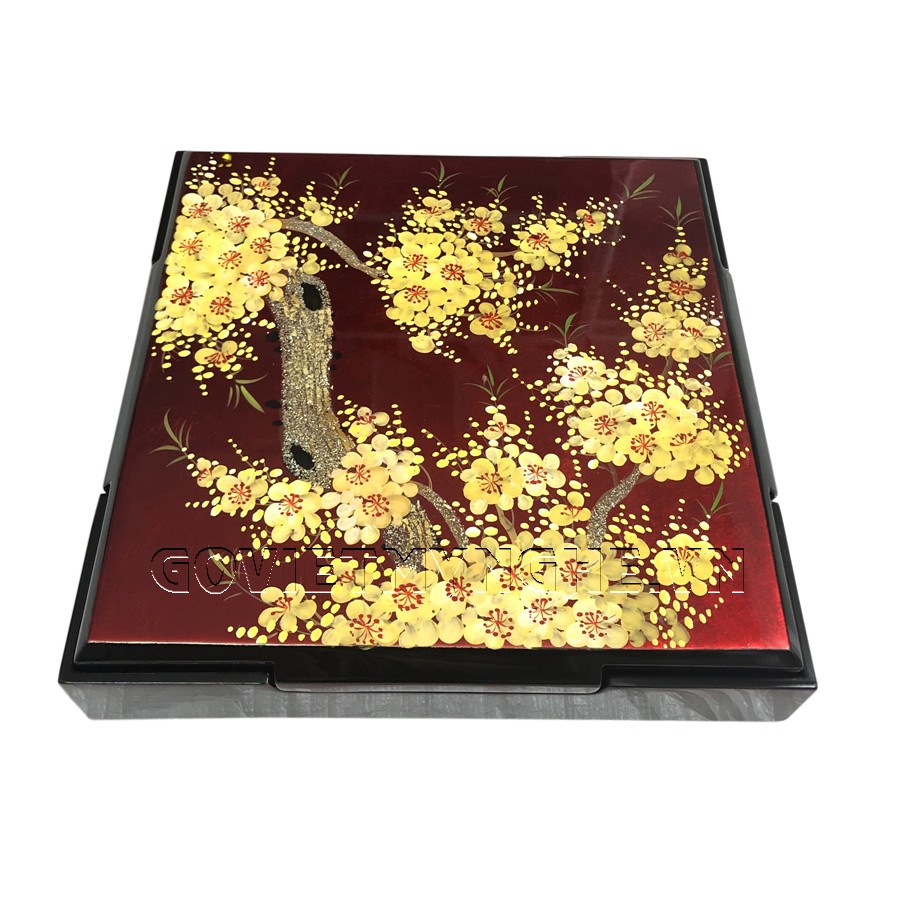 Hộp Mứt Sơn Mài Vuông 30cm - Vẽ hoa mai vàng &amp; nền đỏ