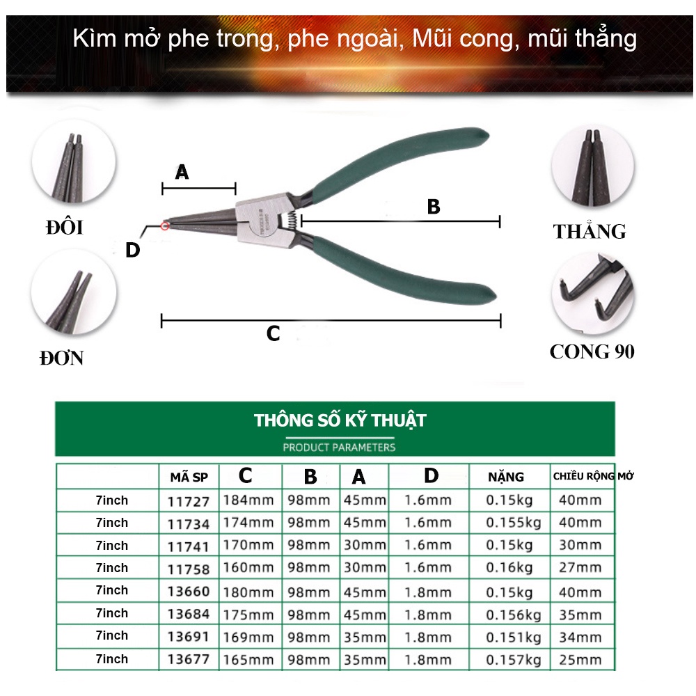 Kìm mở phe trong, phe ngoài, Mũi cong, mũi thẳng, mũi đôi, mũi đơn (kìm phanh) - Chính hãng Tuosen