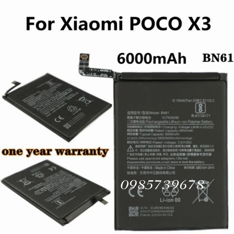 Pin Cho Xiaomi POCO X3 Pin 6000MAh BN61 bảo hành 6 tháng