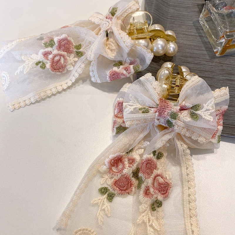 Kẹp Tóc Hình Nơ Thêu Hoa Phối Ren Phong Cách Cổ Điển Tinh Tế Cho Nữ