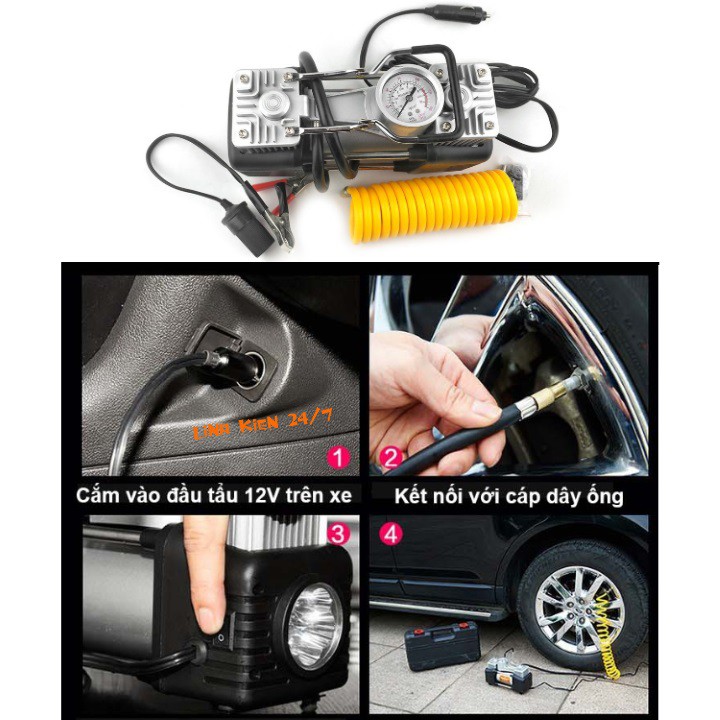 Máy Bơm Lốp Ô Tô 2 Xi Lanh 12V 23A Đồng Hồ Cơ Kèm Vali Dụng Cụ Chuyên Nghiệp