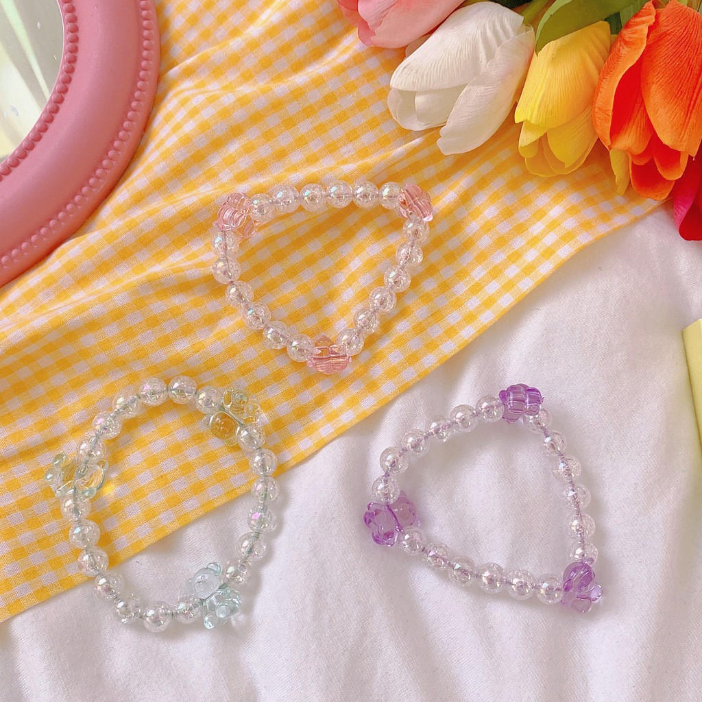 Dây cột tóc kèm vòng tay 2in1 họa tiết gấu hạt châu Hologram cực xinh xắn ulzzang