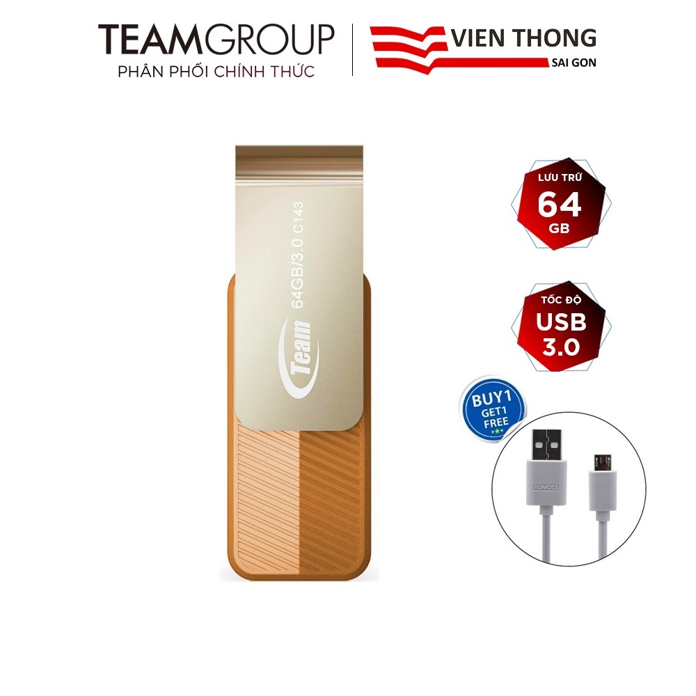 USB 3.0 Team Group C143 64GB nắp xoay 360 + Cáp micro USB tròn Romoss