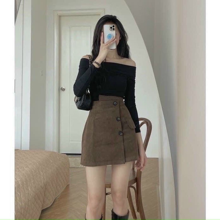 Chân váy chữ a chất nhung tăm Váy đính cúc dọc siêu xinh kèm quần trong | BigBuy360 - bigbuy360.vn