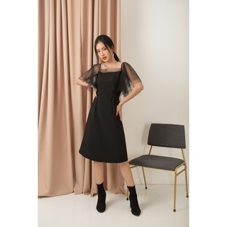 ĐẦM THẮT NƠ EO PHỐI TAY SHEER - D1118