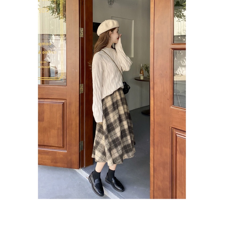 Chân váy nữ kẻ caro dáng xoè dài qua gối chất dạ dày 2 lớp thu đông 2022