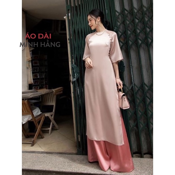 Áo Dài Cách Tân Lụa Trơn Màu Hồng Phấn Tay Xoè Lỡ Phối Cúc Bọc Cách Điệu, Tinh Tế_Áo Dài Minh Hằng