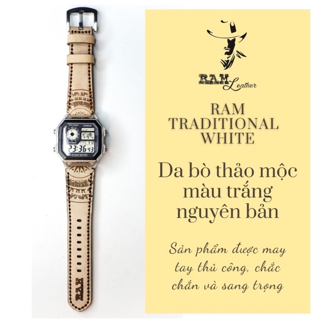 Dây Casio AE 1200 da bò vegtan Italia Trống Đồng Việt Nam RAM Leather - tặng khóa chốt và cây thay dây