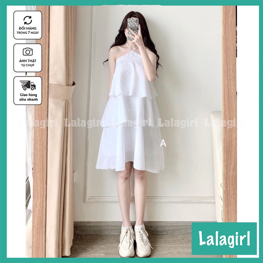 Váy Đầm Trắng Cổ Yếm 3 Tầng, Váy Nữ Hở Vai Dáng Xòe Chất Lụa Đi Biển Dạo Phố