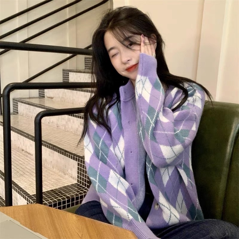 Áo khoác len Cardigan hoạ tiết màu tím ullzang