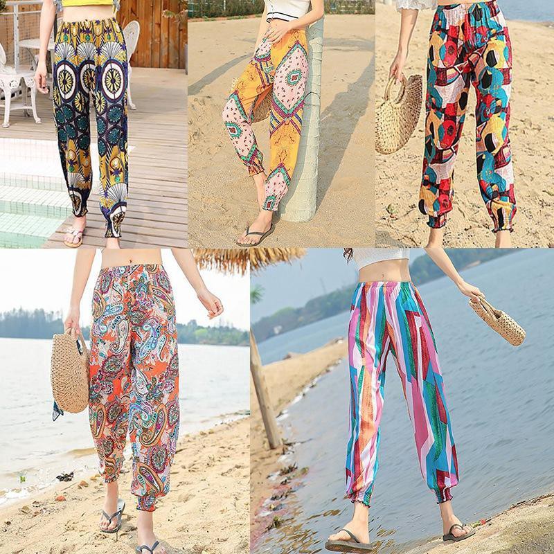 Quần dài ống túm bằng cotton mỏng phong cách bohemian cho nữ