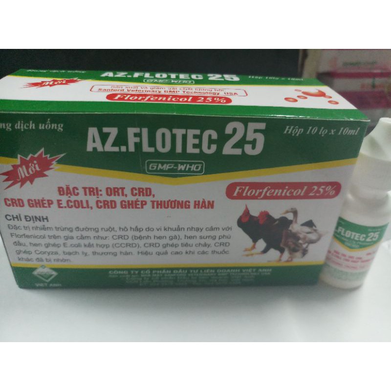 AZ Flotec 25       10ml florfenicol 25% CRD, CRD ghép E.coli, CRD g.hép thư.ơng h.àn