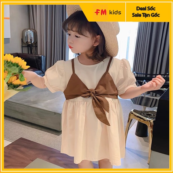Váy cho bé Fm đầm nơ trước ngực siêu cute phong cách hàn quốc chất liệu kate thoáng mát cho bé 8-18kg 4-8 tuổi