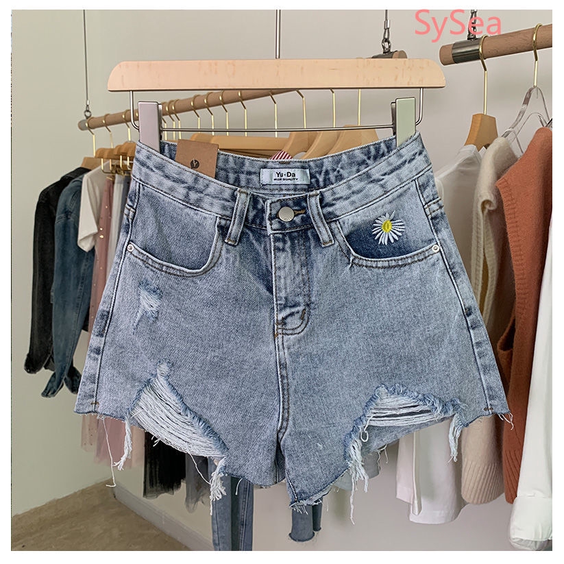Quần Short Jeans Lưng Cao Thêu Hoa Phong Cách Hàn Quốc Thời Trang Cho Nữ