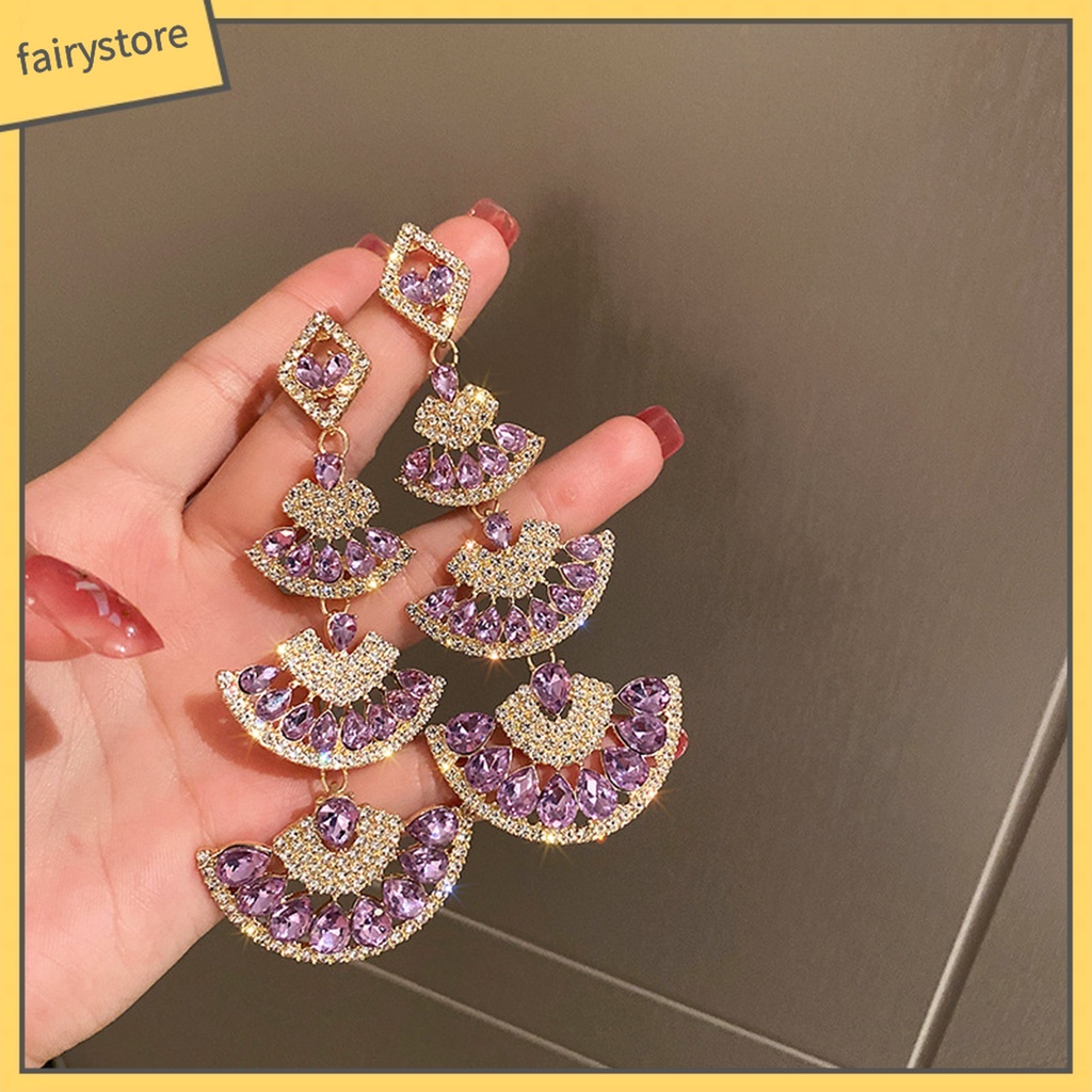 1 Đôi Bông Tai Dài Hình Quạt Đính Đá Lấp Lánh