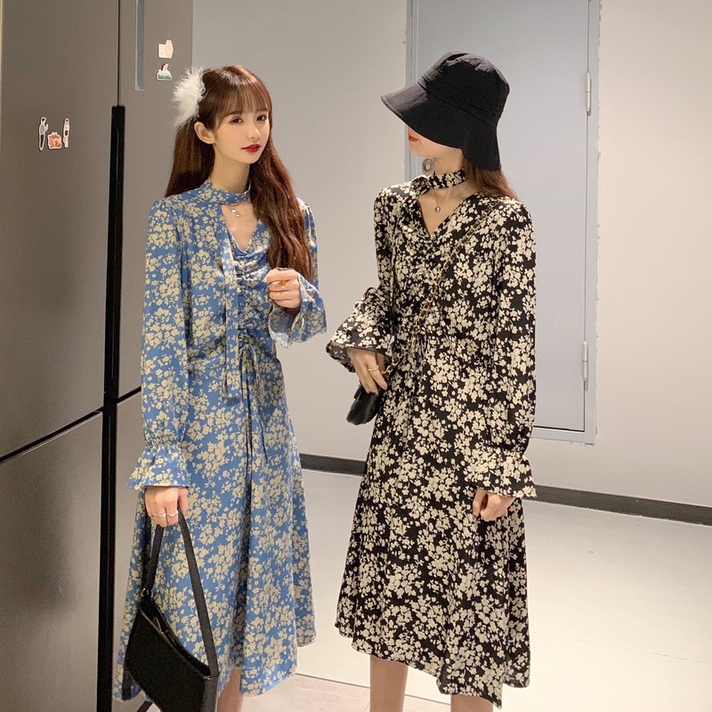 Đầm nữ dài tay bồng Retro 2021, Váy vintage tiểu thư dáng dài xòe màu đen xanh cổ V tặng kèm dây sang chảnh hàn quốc | BigBuy360 - bigbuy360.vn