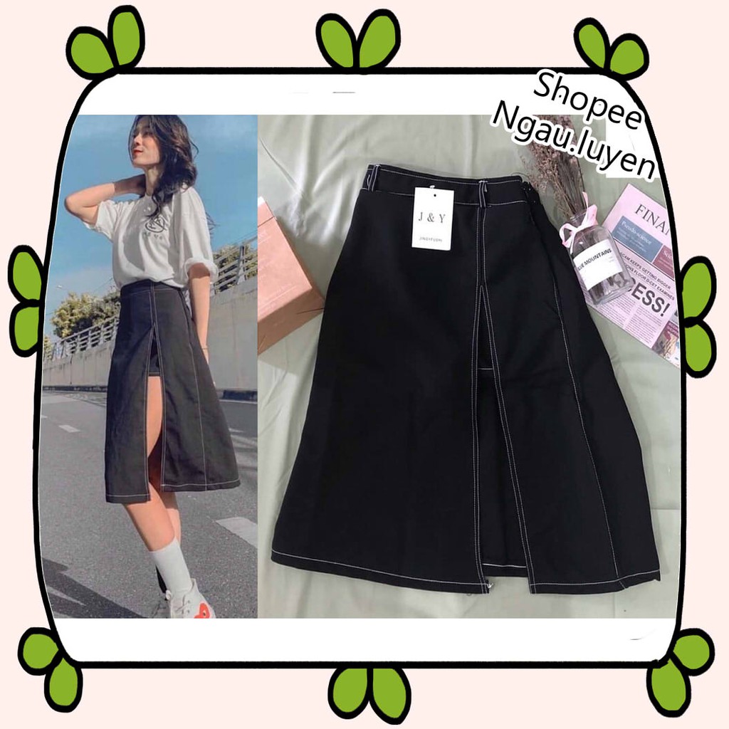 CV003 Chân váy dáng dài giả jeans cạp khóa Hàn Quốc, chân đầm xẻ tà có quần lót trong lưng cao chỉ nổi Ulzzang