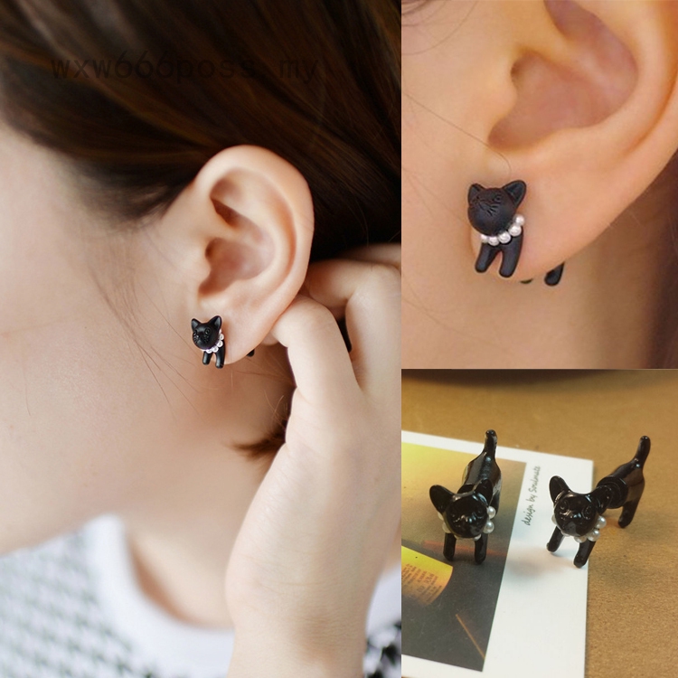 1 Cặp Khuyên Tai Hình Mèo Đen Đính Ngọc Trai Thời Trang Cho Nữ
