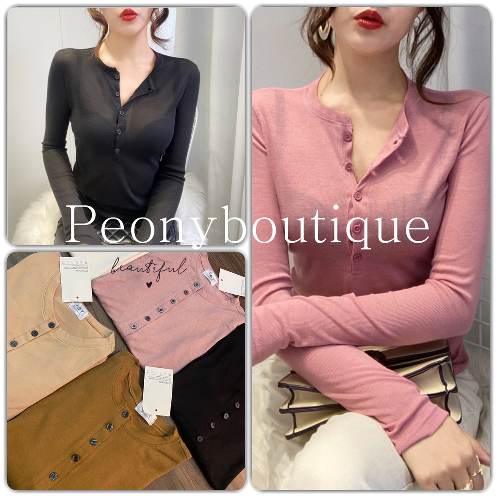 Áo Thun Xước Cúc Dọc VERTICAL Nữ ♥ Phông giấy dài tay trơn màu Đen | Trắng | Hồng | Be | Nâu Ulzzang HOT ♥