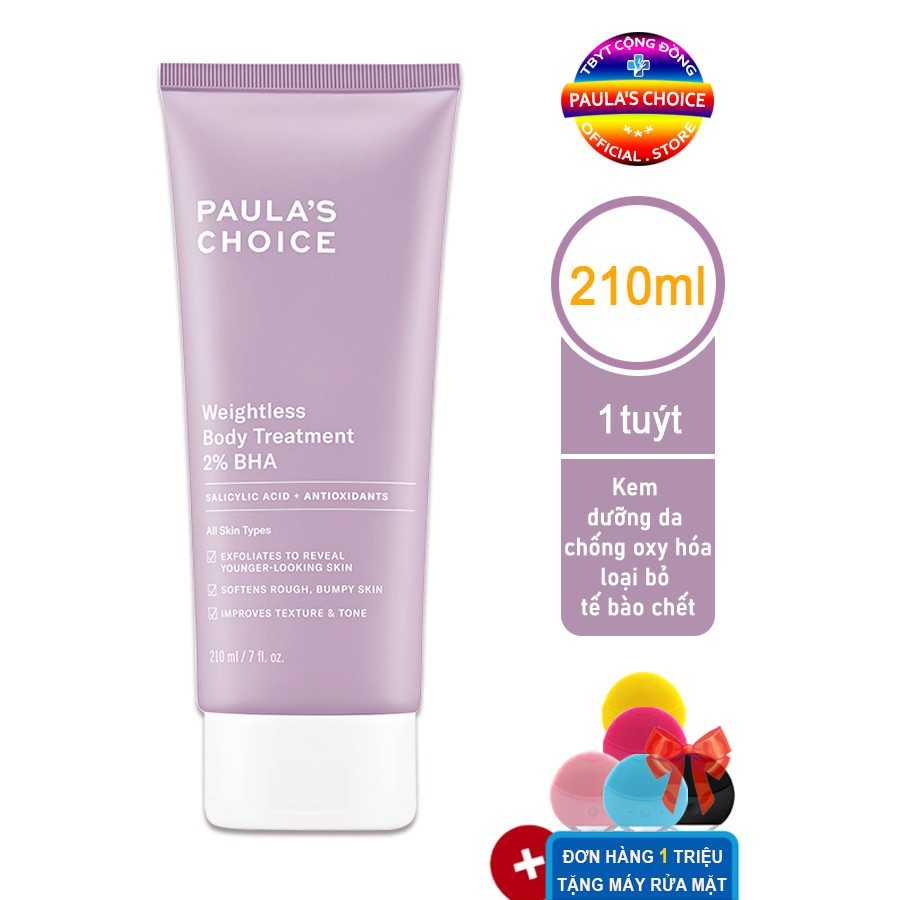 Kem dưỡng thể hỗ trợ giảm vấn đề về lỗ chân lông chứa 2% BHA Paula's Choice Weightless Body Treatment 2% BHA 210ml