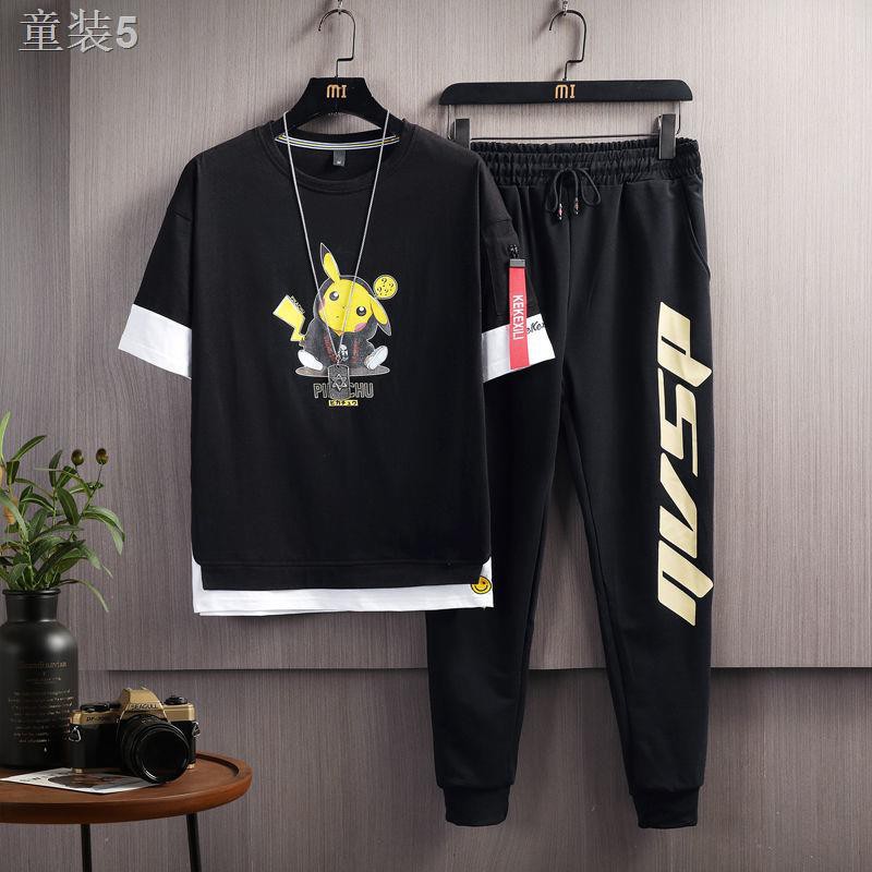 ☸○❁Pikachu 12 bé trai bộ đồ cotton ngắn tay mùa hè 13 thương hiệu phương Tây trẻ em trung niên 15 tuổi 14 2 mảnh