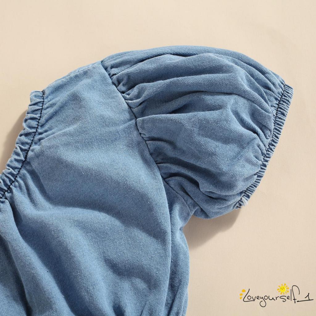 Set trang phục áo denim trễ vai tay ngắn + chân váy vạt lệch màu sắc thời trang cho bé gái