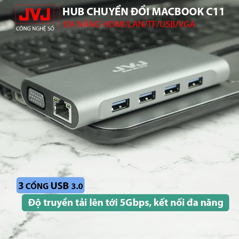 Hub type C USB C6 JVJ 6 trong 1 đa năng cổng chuyển đổi chia cổng USB 3.0 tốc độ 500Mb/s SD, TF, 4K,HDMI cho MacBook lap