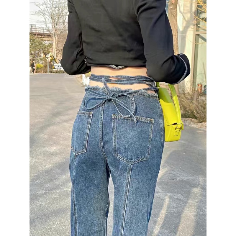 Quần jeans lưng cao ống rộng thiết kế khuyết lưng sexy phong cách Hàn Quốc