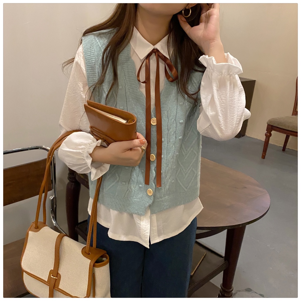 Set Áo Sơ Mi Tay Dài + Áo Len Không Tay Thắt Nơ Thời Trang Dành Cho Nữ | BigBuy360 - bigbuy360.vn