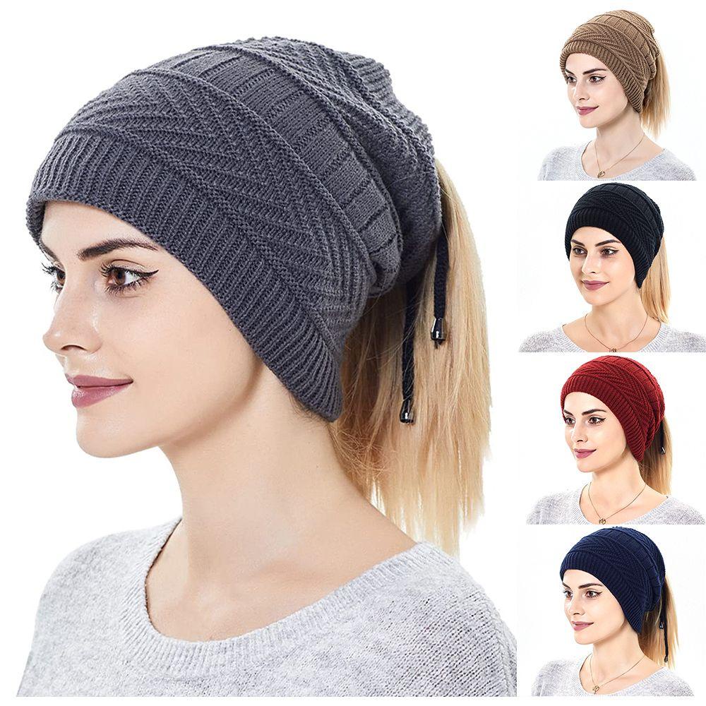Mũ beanie Dệt Kim 2 Trong 1 Mềm Mại Giữ Ấm Cổ Đuôi Ngựa Có Lỗ Buộc Tóc Đuôi Ngựa