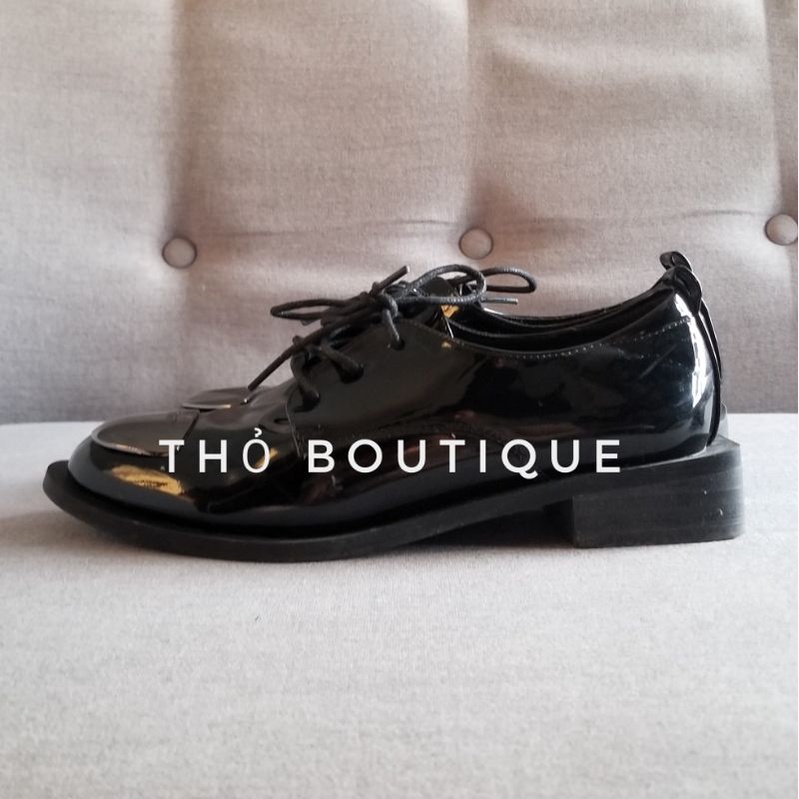 Giày Oxford CITTÀ DEA Encoricorne Style da bóng đen cột dây đế cao 2cm size 37