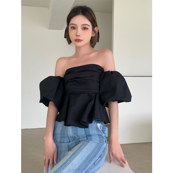 Áo trễ vai tay phồng rời màu trơn basic xếp ly không mút tiểu thư dễ thương -Mã: 777 TV-FASHION