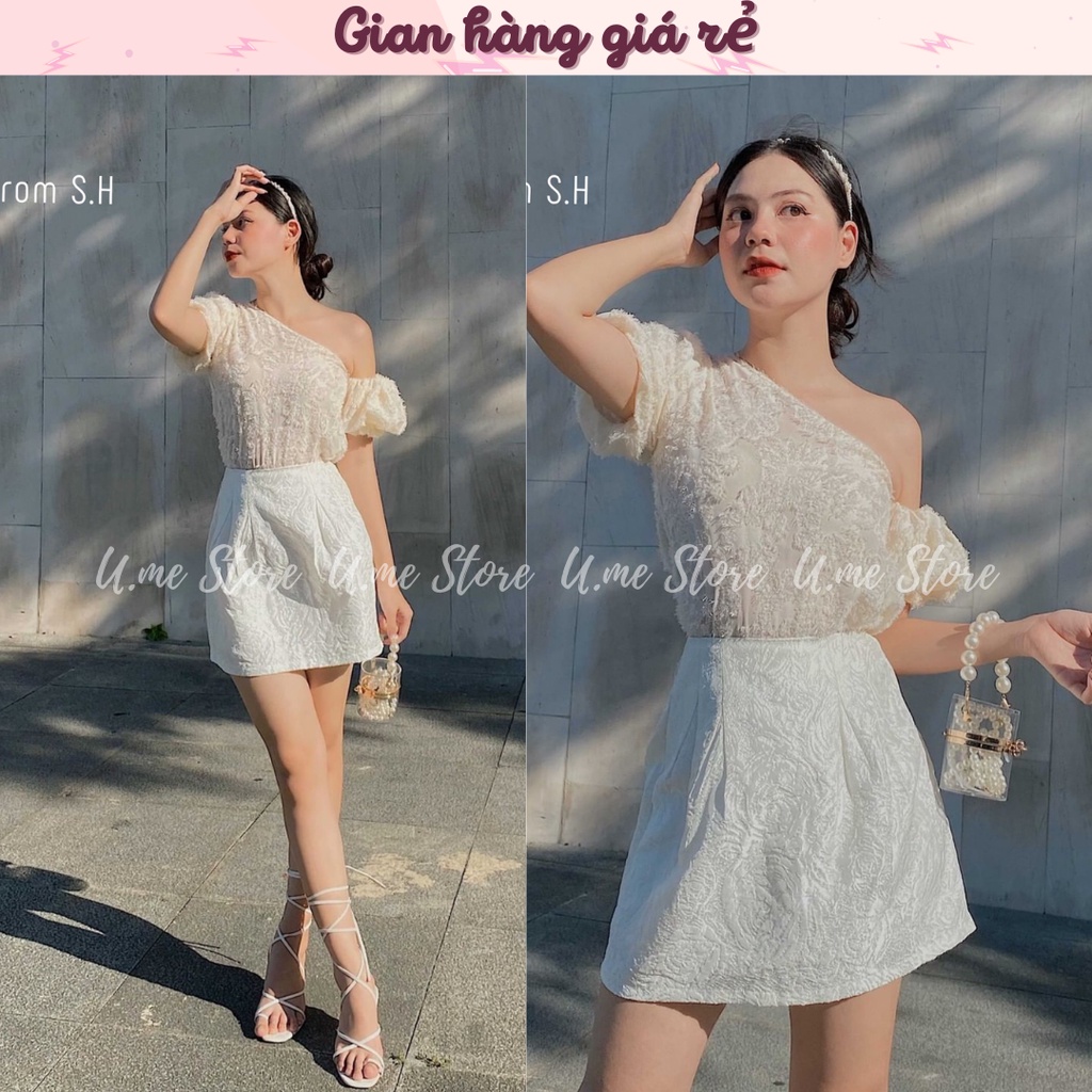 Rossie Top - Áo thun xẻ vạt chéo thiết kế tay bồng lệch vai chất hoa xù Ulzzang Áo phông tay bèo cổ vạt lệch Hàn Quốc
