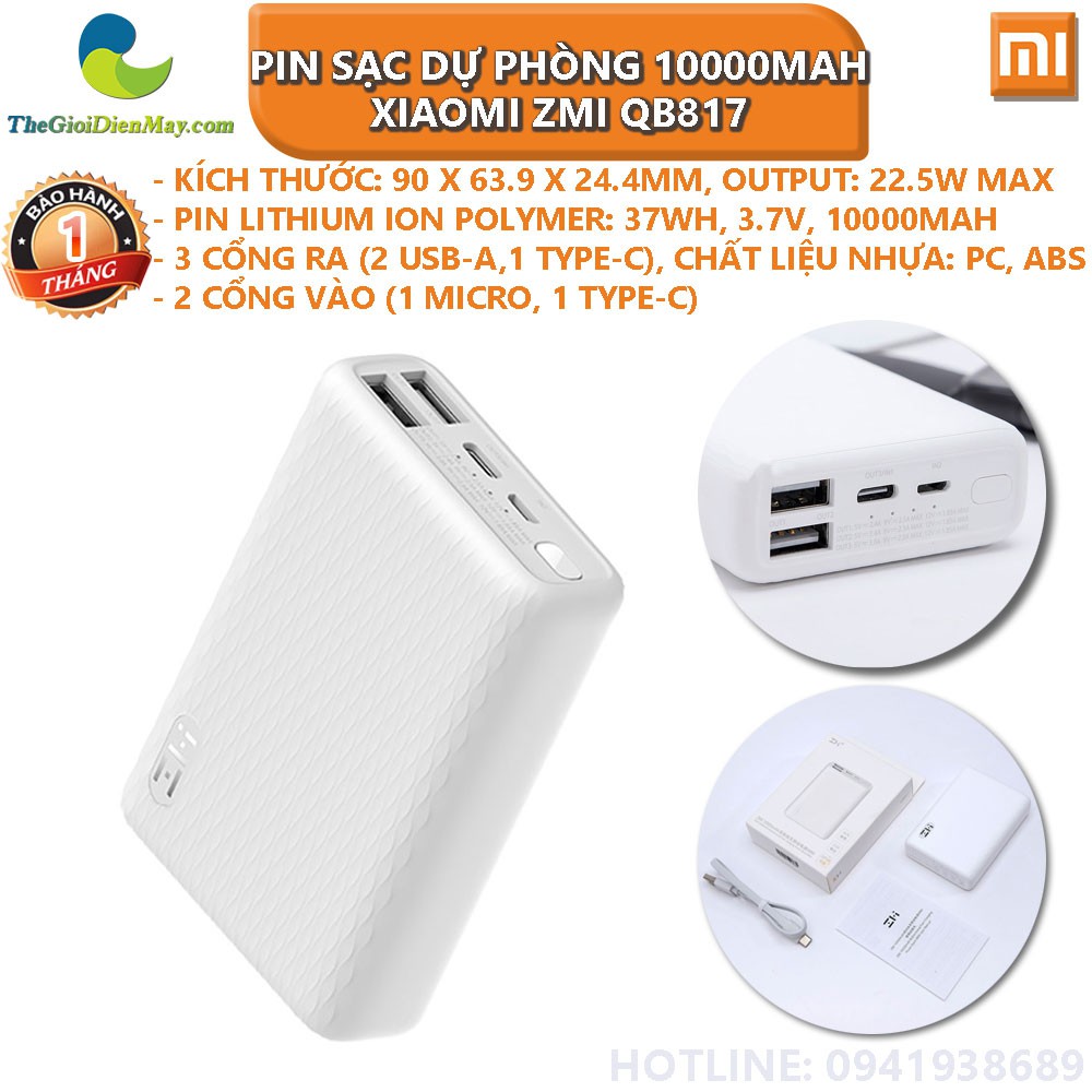 Pin sạc dự phòng 10000mAh mini Xiaomi ZMI QB817 - Bảo hành 1 tháng - Shop Thê Giới ĐIện Máy