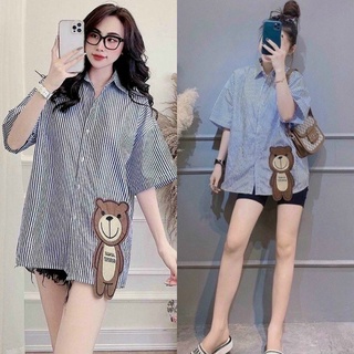 Áo sơ mi sọc thêu gấu form rộng