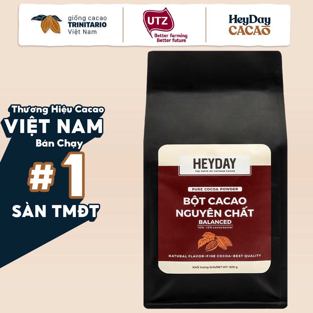 Túi 500g Bột cacao nguyên chất 100% Heyday - Dòng Balanced phổ thông - Chuẩn UTZ Quốc Tế