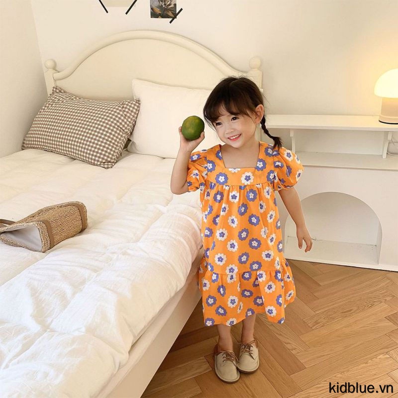 Đầm công chúa dáng rộng cổ vuông phong cách Hàn Quốc mùa hè cho bé gái