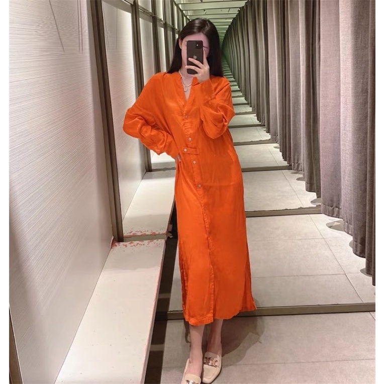 Đầm sơ mi tay dài dáng dài màu nổi hàng ZA chất cotto