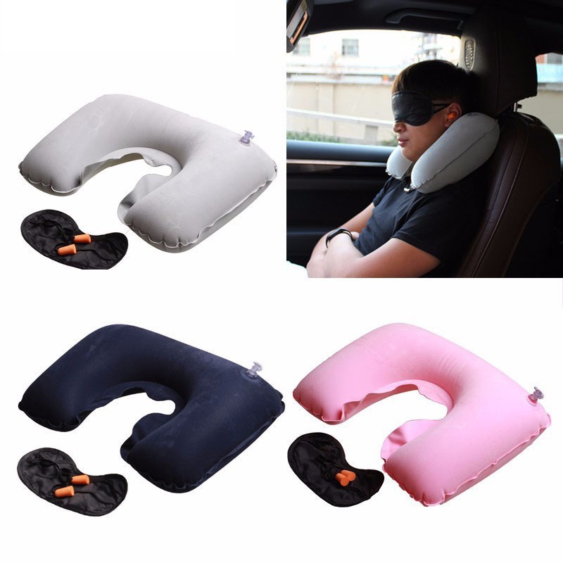 Gối chữ U 3in1 kèm che mắt và bịt tai dạng hơi tiện lợi sử dụng khi đi du lịch, nghỉ ngơi tại nhà văn phòng đỡ mỏi cổ