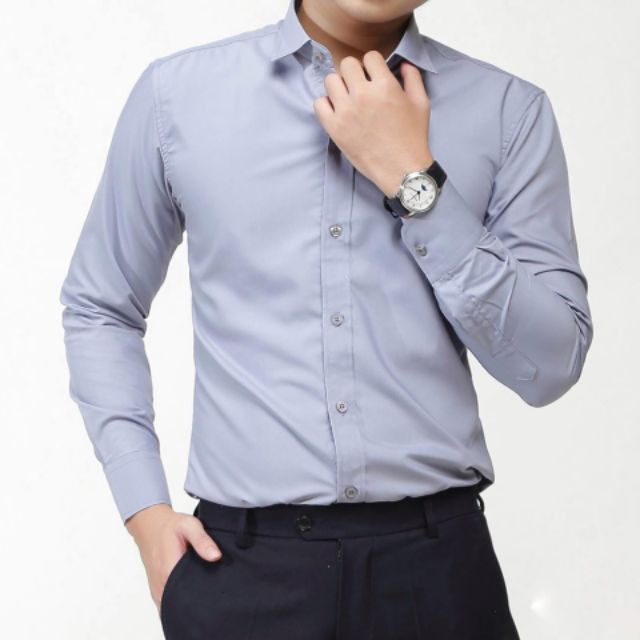Áo sơ mi nam Ghi Xám Vải lụa Thái lan, Sơ mi nam màu Ghi Xám dáng ôm Body hàn quốc