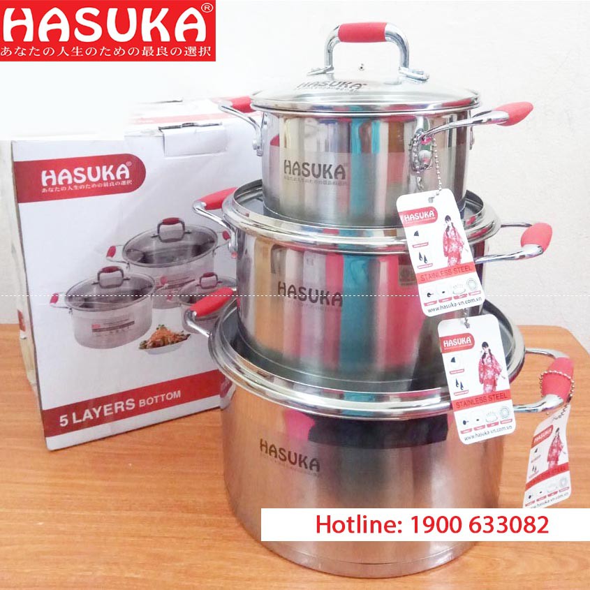 Bộ 3 nồi Inox 16 - 20 - 24cm Hasuka nắp kính dùng bếp từ