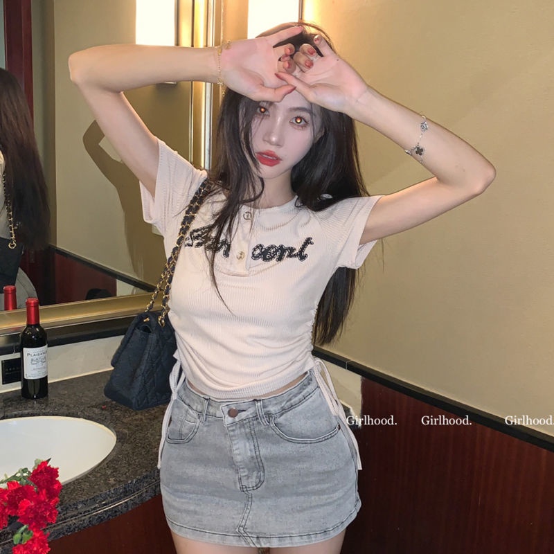 AMOI Áo Thun Tay Ngắn Phối Dây Rút Họa Tiết Sọc Caro Thời Trang Cho Nữ