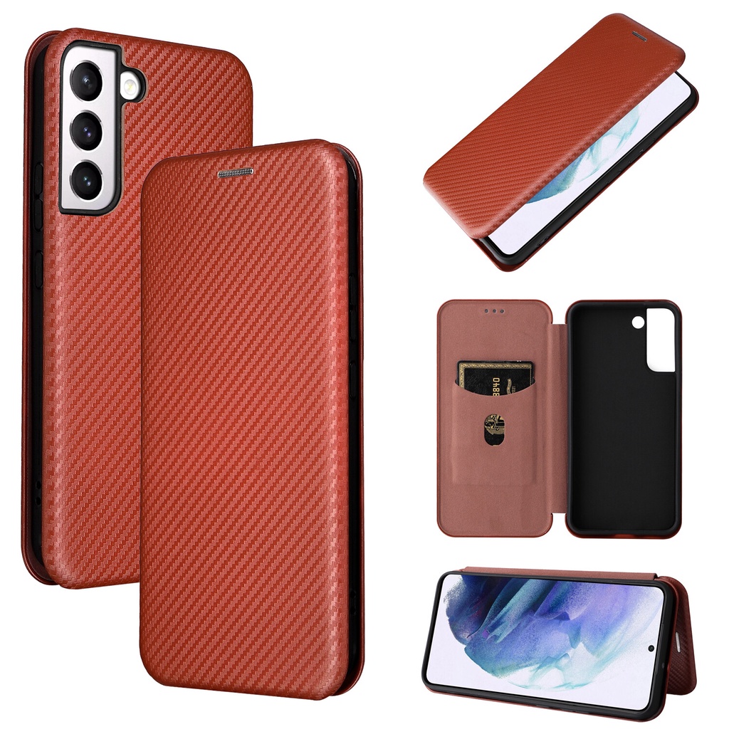 Bao Da PU Điện Thoại Nắp Lật Sợi Carbon Nam Châm Kiêm Ví Đựng Thẻ Cho Samsung Galaxy S22 S21 S20 Plus Ultra S21 S20 FE