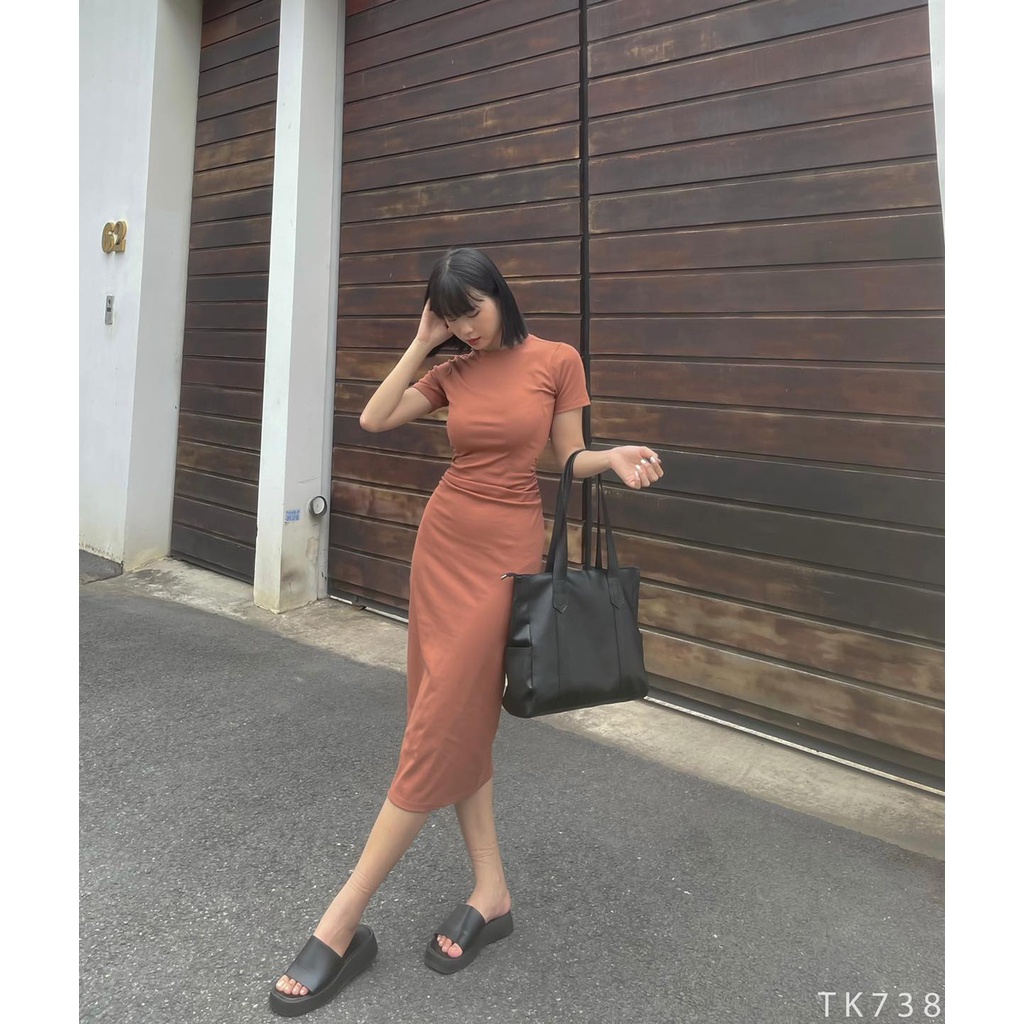 [HÀNG THIẾT KẾ CAO CẤP] Đầm Body Thun Tay Ngắn Nhún Eo Tôn Dáng Màu Nude