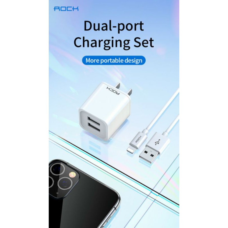 Bộ sạc nhanh Củ + cáp Rock t23 2 chổng USB 2.4A + cáp sạc lighnting iphone Chính hãng dài 150cm siêu bền