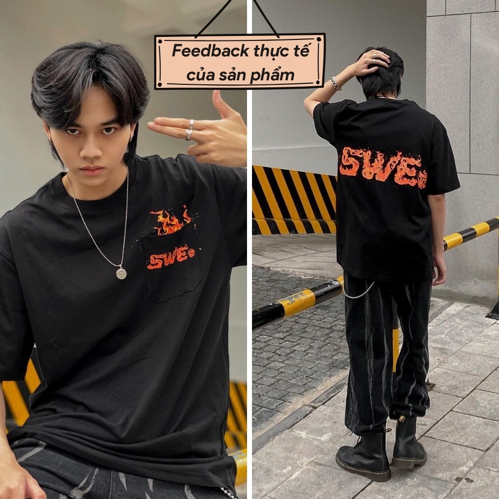 [Xả Kho] Áo thun tay lỡ SWE Flame Pocket Tee form rộng Unisex nam nữ phong cách Ulzzang - AT08 - Happy Style