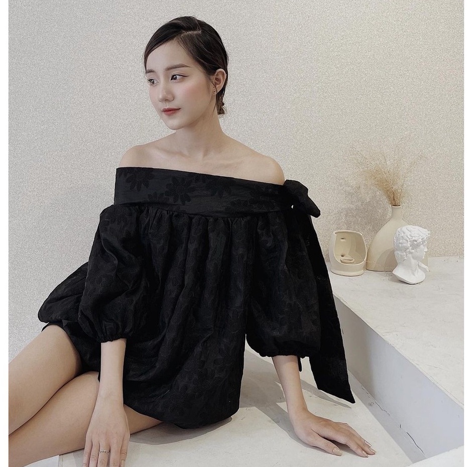 Áo trễ vai tay bồng Linly Store phối nơ lệch, tay lỡ chất von hoa nổi A-TVN